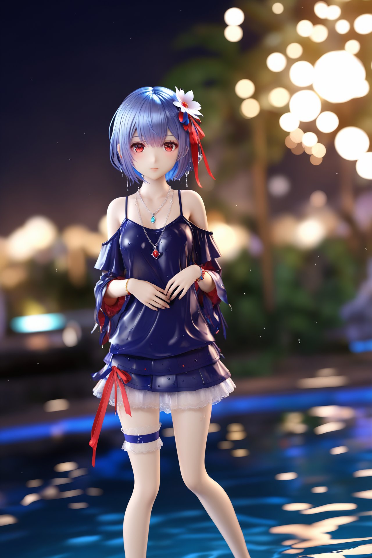 (masterpiece),(best quality),illustration,ultra detailed,hdr,Depth of field,(colorful),mmd,night,1girl,solo,red eyes,looking at viewer,hair ornament,short hair,upper body,wet hair, hair ribbon, hair flower, leg_garter, necklace, bracelet, cold shoulder,miniskirt,royal