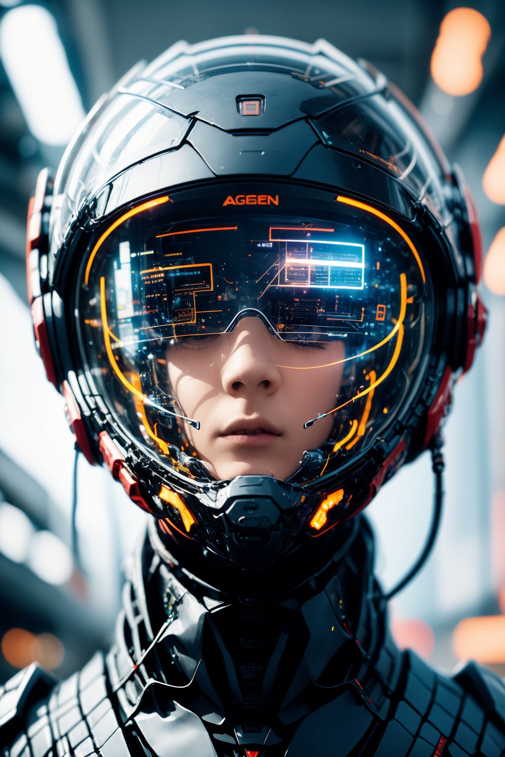 AgainCyberpunk, 1girl, solo, realistic, science fiction, helmet, cable, cyberpunk, lips, portrait, head-mounted display, blurry, robot, depth of field, blurry background, closed mouth, screen, glowing, facing viewer