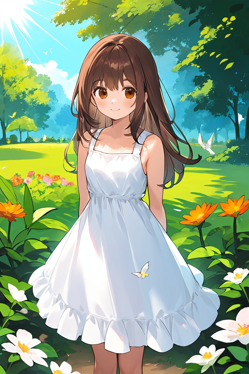 best quality， amazing quality， very aesthetic，1girl， dress， long hair， bird， white dress， brown hair， solo， outdoors， brown eyes， sleeveless， looking at viewer， arms behind back， sleeveless dress， bangs， standing， plant， sundress， smile， flower， closed mouth， sunlight， bare shoulders,