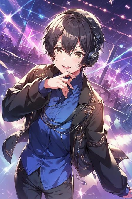 score_9, score_8_up, score_7_up, score_6_up, 1girl, <lora:Miyake_Aoi:0.9> aoi, black hair, short hair, black jacket, blue shirt, headphones, color lights, club stage, black pants,