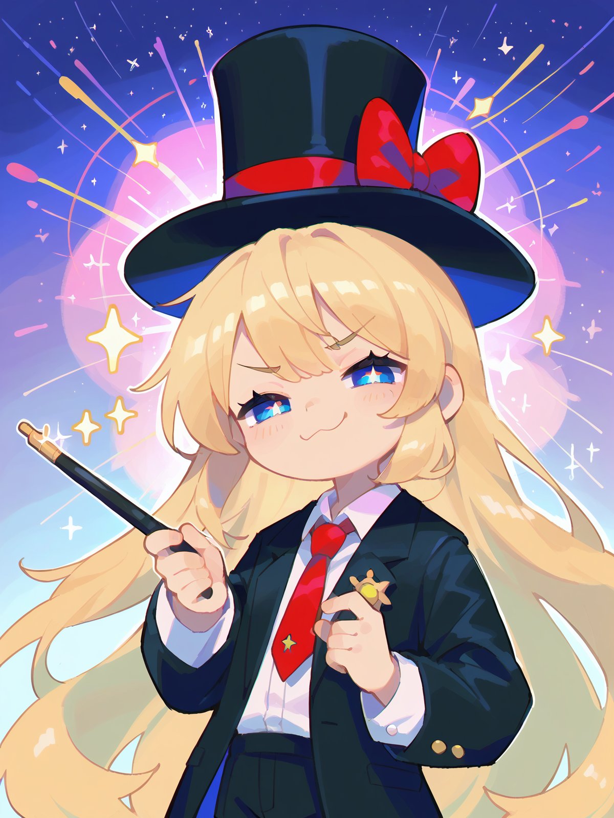 score_9, score_8_up, score_7_up, score_6_up, score_5_up, score_4_up, source_anime, rating_safe, embedding:zPDXL2, 1girl, solo, top hat, black suit, necktie, blonde hair, long hair, holding wand, smug, sparkles