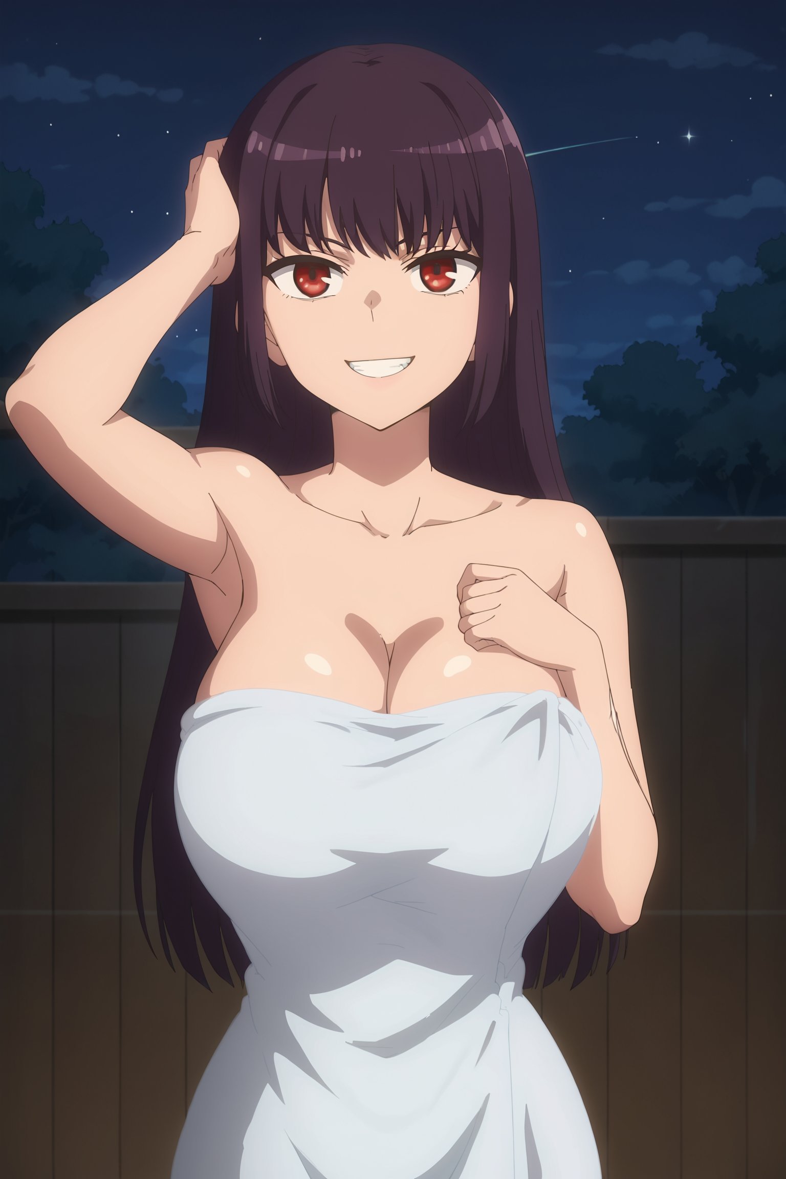 score_9, score_8_up, score_7_up, score_6_up, source_anime,anime screencap,anime coloring, uncensored, outside, night time, in a public bath, stars in the sky,<lora:Sana_Sunomiya:.8>Black hair, purple hair, Long hair, bangs, red eyes, huge breasts, collarbone, Naked towel, cleavage, posing, hand on head, seductive grin, looking at the view, full body shot,