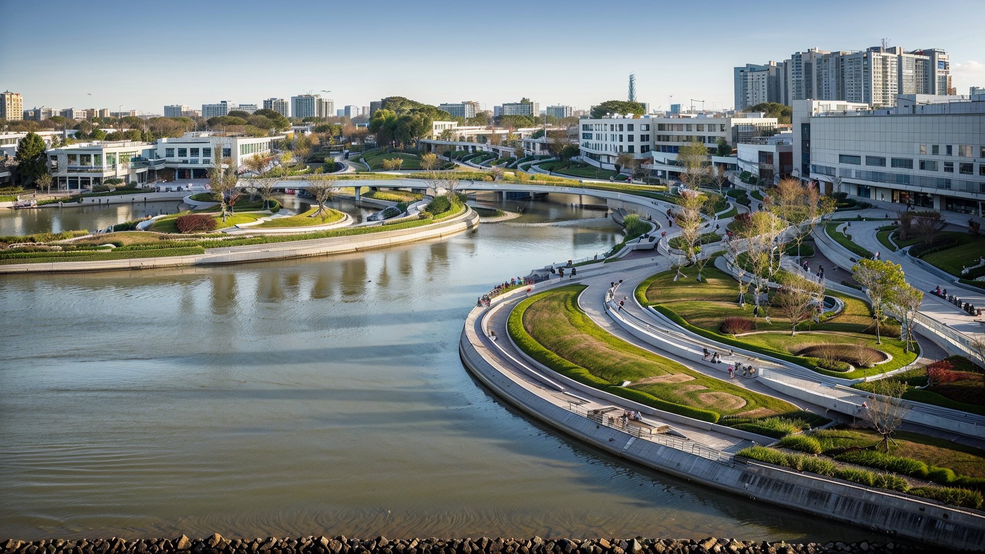 road,masterpiece,outdoors,city,cityscape,skyscraper,human,day,sky,tree,city,cloud,building,best quality,smooth,tree,daytime,concise,plant,building,outdoors,HDR,UHD,8K,Highly detailed,Studio lighting,HDR-based rendering,UK il,extreme-description,water,Beautiful composition,advanced sense,The sparkling water surface,moody,relaxing,Rich plant groupings,Best Lighting,A photo of a landscape park,Continuous road,outstanding platform,<lora:landscape_滨水景观:0.8>,