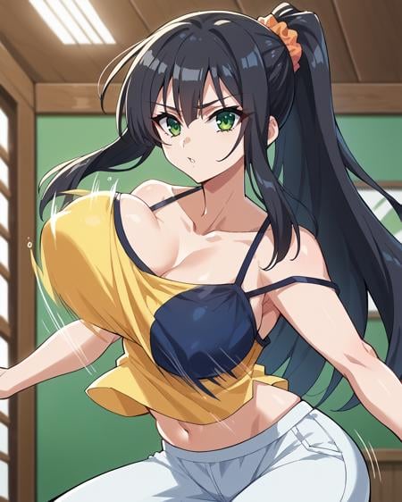 score_9, score_8_up, score_7_up, score_6_up, source_anime,Seraphim, 1girl, large breasts, green eyes, ponytail, black hair, cleavage, navel, midriff, looking at viewer, indoors, blurry, camisole, bare shoulders, collarbone, scrunchie, <lora:Seraphim-korezom-XL-V1:1>,  Unaligned breasts, bouncing breasts, afterimage, motion blur, motion lines, speed lines, swinging breasts, <lora:BouncingBreasts-XL-V1:1>