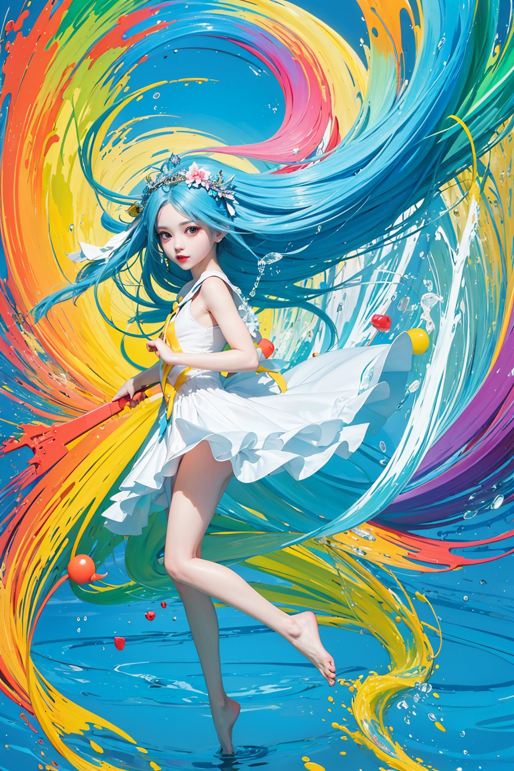 (masterpiece, best quality:1.3),(flat color:1.3),(colorful:1.3),looking at viewer,1girl,solo,floating colorful water,