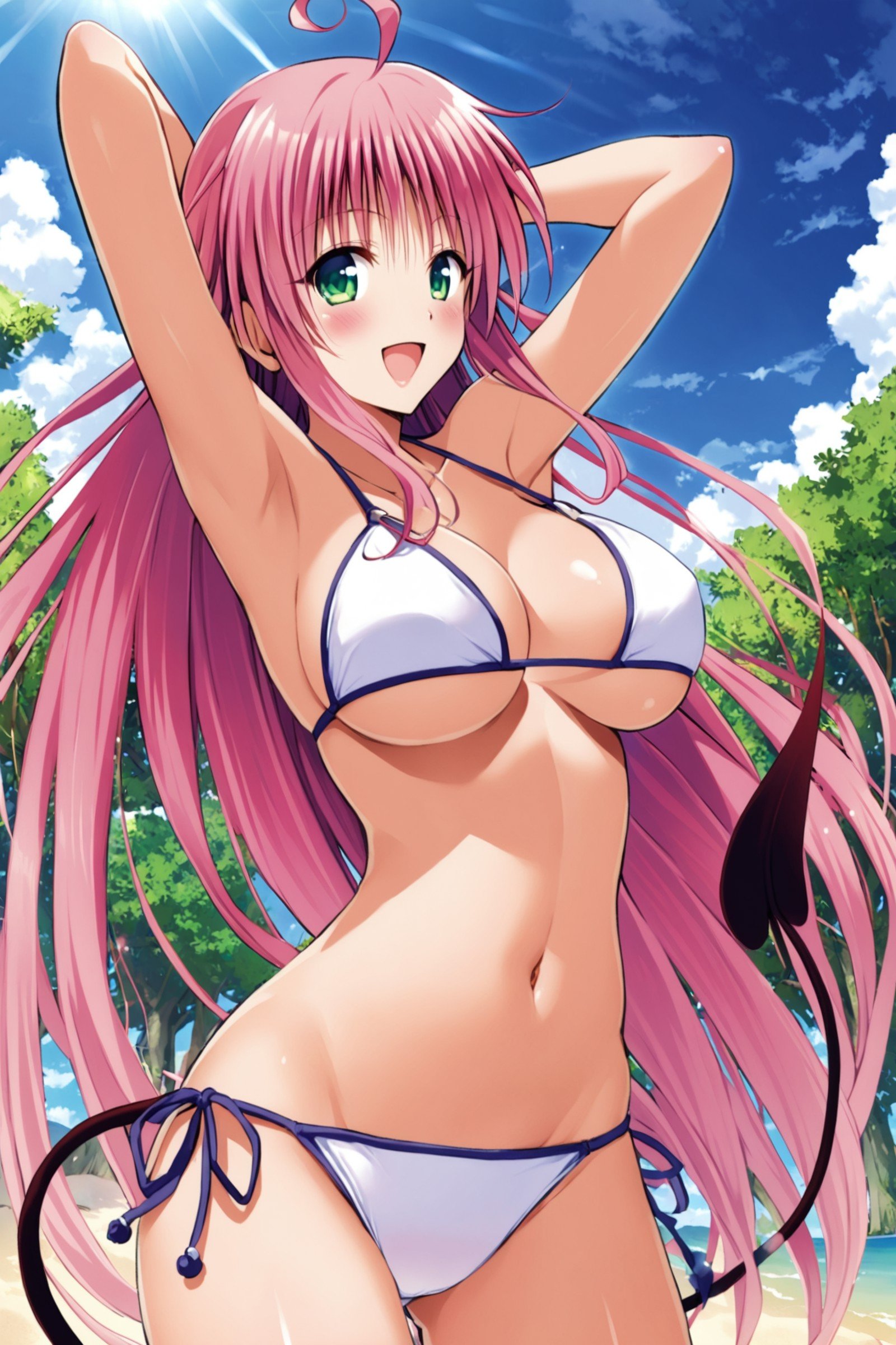 1girl,lala satalin deviluke,breasts,swimsuit,solo,bikini,pink hair,tail,green eyes,long hair,navel,open mouth,large breasts,underboob,smile,day,white bikini,demon tail,arms up,sky,looking at viewer,side-tie bikini bottom,outdoors,cloud,blush,:d,ahoge,tree,blue sky,<lora:Yabuki Kentarou_XL_netaArt:0.8>,