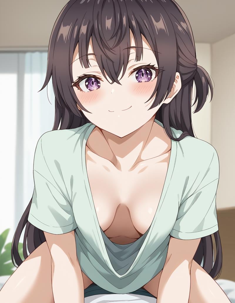 score_9, score_8_up, score_7_up, source_anime, <lora:yuki-suou-alpha-ponyxl-lora-nochekaiser:1>, yuki suou, long hair, bangs, brown hair, black hair, hair between eyes, purple eyes, half updo,, <lora:downblouse-ponyxl-lora-nochekaiser:1>, downblouse, breasts apart, extended downblouse, girl on top, shirt, straddling,, bedroom, smile, blush, looking at viewer, straight-on, medium breasts, leaning forward, cowboy shot, dutch angle