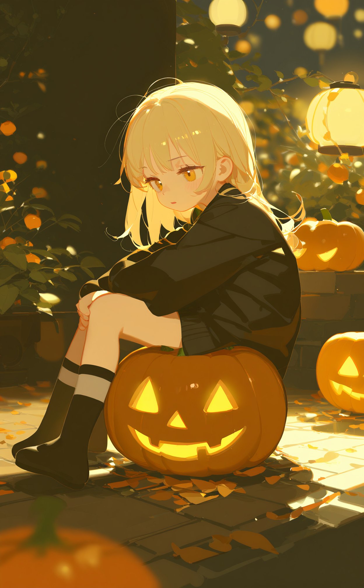 masterpiece,best quality,illustration,ultra detailed,hdr,Depth of field,(colorful),artist:ciloranko,artist:chenbin,artist:tianliang duohe fangdongye,bright outline,,1girl, solo, long_hair, blonde_hair, sitting, socks, pumpkin, lantern