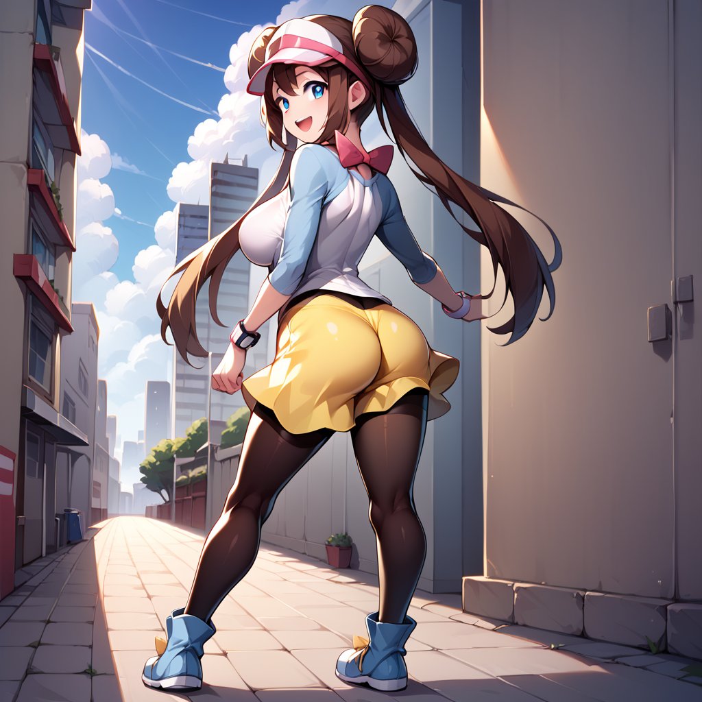 score_9, score_8_up, score_7_up,  BREAK, source_anime, <lora:princess_xl_v2:0.5>  full body, standing, smile, city, from behind,    <lora:Rosa_Pokemon-000002:1>hair bun, blue eyes, twintails, long hair, large breasts, visor cap, pantyhose, raglan sleeves, yellow shorts, shirt,  