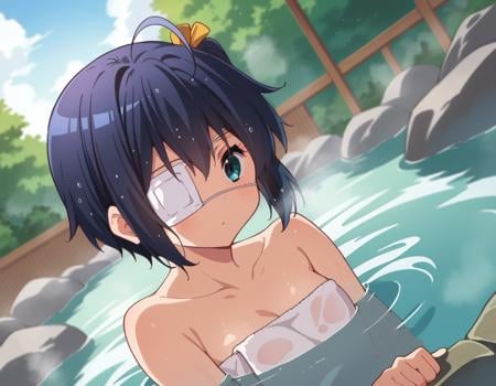 score_9, score_8_up, score_7_up, source_anime,rikkatakanashi, <lora:rikka-takanashi-s2-ponyxl-lora-nochekaiser:1>,rikka takanashi, short hair, blue eyes, black hair, ahoge, one side up, eyepatch, medical eyepatch,nude, naked, outdoors, onsen, towel, naked towel, steam, bathing, nude cover, partially submerged, water, bath, steam censor, wet towel,looking at viewer, cowboy shot, dutch angle, solo,