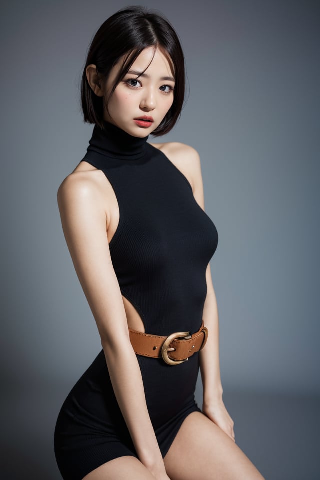 1girl,turtleneck,solo,belt,boots,black hair,dress,fashion,short hair,realistic,looking at viewer,best quality,masterpiece,illustration,an extremely delicate and beautiful,CG,unity,8k wallpaper,Amazing,finely detail,masterpiece,official art,extremely detailed CG unity 8k wallpaper,incredibly absurdres,huge filesize,ultra-detailed,highres,extremely detailed,beautiful detailed girl,realistic,light contrast,,<lora:Takakura Sumire_20240506044930:0.8>