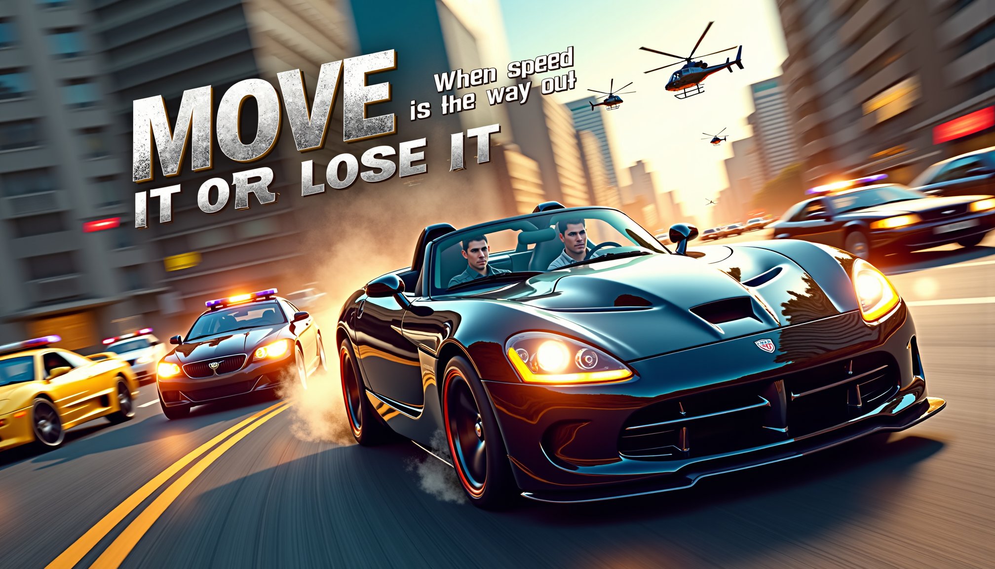 Design an action-packed movie poster set on a busy city street, with cars speeding through the scene, narrowly avoiding collisions. The protagonist, a daring driver with a determined look, is seen at the wheel of a sleek, high-performance car. In the background, helicopters and police cars are in hot pursuit. The title, Move It Or Lose It, is written in bold, metallic letters, with the tagline, When speed is the only way out, in a smaller, intense font below.