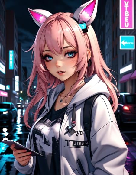 a failed vtuber working the streets, night district, hyperrealistic