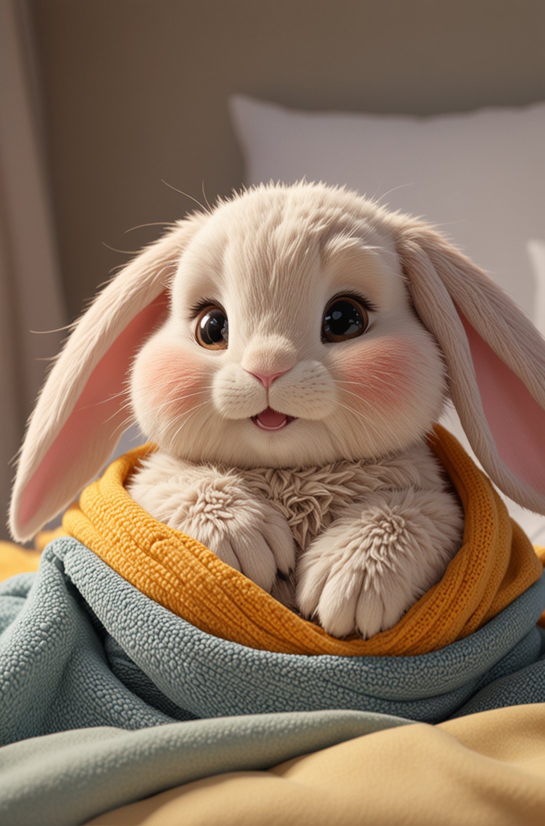 Cute cartoon style of a adorable little colourful Rabbit, snuggled, curled up, smiling, sleeping with a little blanket, tiny bedroom, on a bed under the blanket, ethereal, soft, detailed, beautiful, cosy, cute, Pixar, snoozing, 3D render, UHD