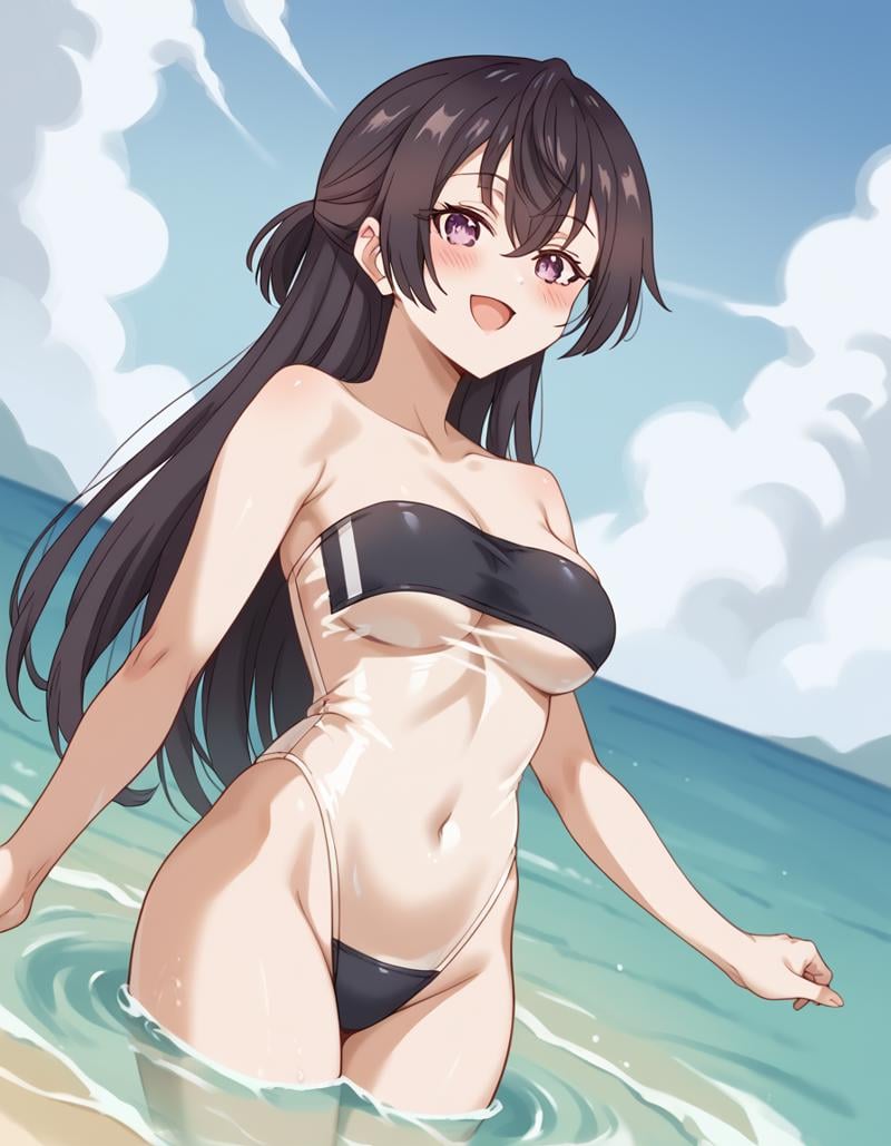 score_9, score_8_up, score_7_up, source_anime, <lora:yuki-suou-alpha-ponyxl-lora-nochekaiser:1>, yuki suou, long hair, bangs, brown hair, black hair, hair between eyes, purple eyes, half updo,, <lora:gris-swimsuit-ponyxl-lora-nochekaiser:1>, gris swimsuit, see-through one-piece swimsuit, strapless one-piece swimsuit, double verticle stripe, highleg swimsuit, covered navel, see-through, strapless, underboob,, outdoors, beach, submerged, water, blush, smile, open mouth, , cowboy shot, dutch angle