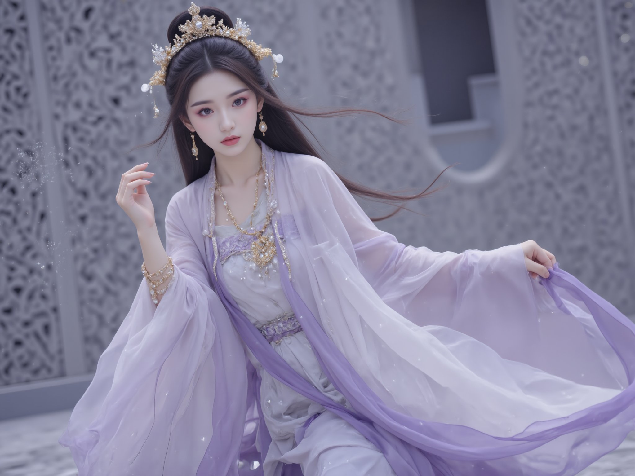 inspired by dunhuang art, ethereal woman in traditional chinese attire, tang dynasty, flowing white and lavender robes, intricate gold headdress, delicate jewelry, dunhuang, serene expression, graceful pose, soft natural light, intricate stone carvings in the background, soft and ethereal mood, full-body shot, slight tilt angle<lora:极品超模V8_2.0:0.8>