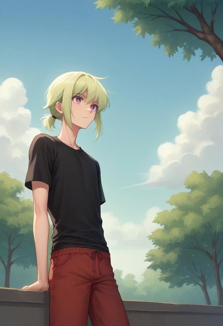 score_9, score_8_up, score_7_up, source_anime, highly detailed, lio, 1boy, male focus, solo, green hair, red pants, shirt, purple eyes,pants, t-shirt, black shirt, androgynous, short ponytail, sidelocks,day, blue sky, tree, clouds,