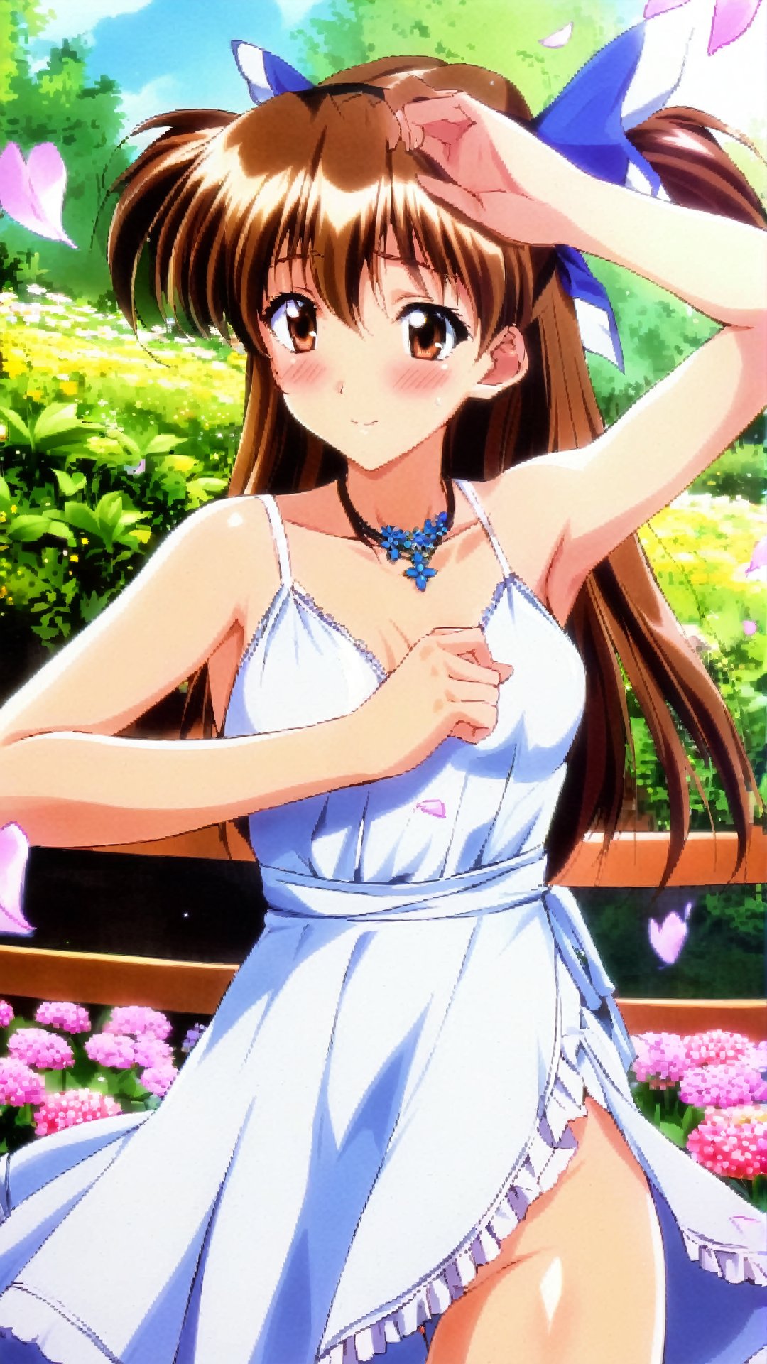 Morii Kaho, Ponytail, Two Side Up, Brown Hair, Brown Eyes, Necklace,summer dress, (nsfw), (uncensored), (score_9), score_8_up, score_7_up, score_6_up, score_5_up, source_anime, cowboy shot, dynamic pose, 1 girl, solo, happy smile joy, blush, ashamed, shy, sexy, charming, alluring, seductive, enchanting, erotic,((outdoors)), ((flower garden)), ((flowers)), ((many flowers)), spring petals, petals of flowers, spring, falling petals, flying butterflies<lora:EMS-381990-EMS:0.800000>