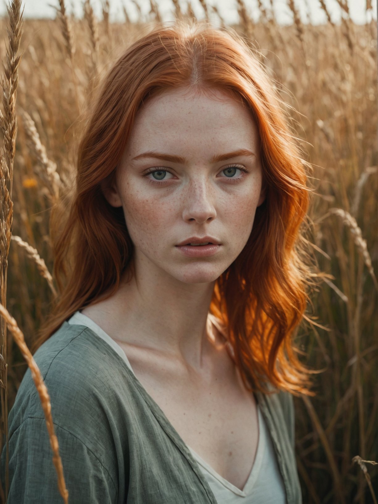 cinematic film still, close up, photo of redheaded girl near grasses, fictional landscapes, (intense sunlight:1.4), realist detail, brooding mood, ue5, detailed character expressions, light amber and red, amazing quality, wallpaper, analog film grain