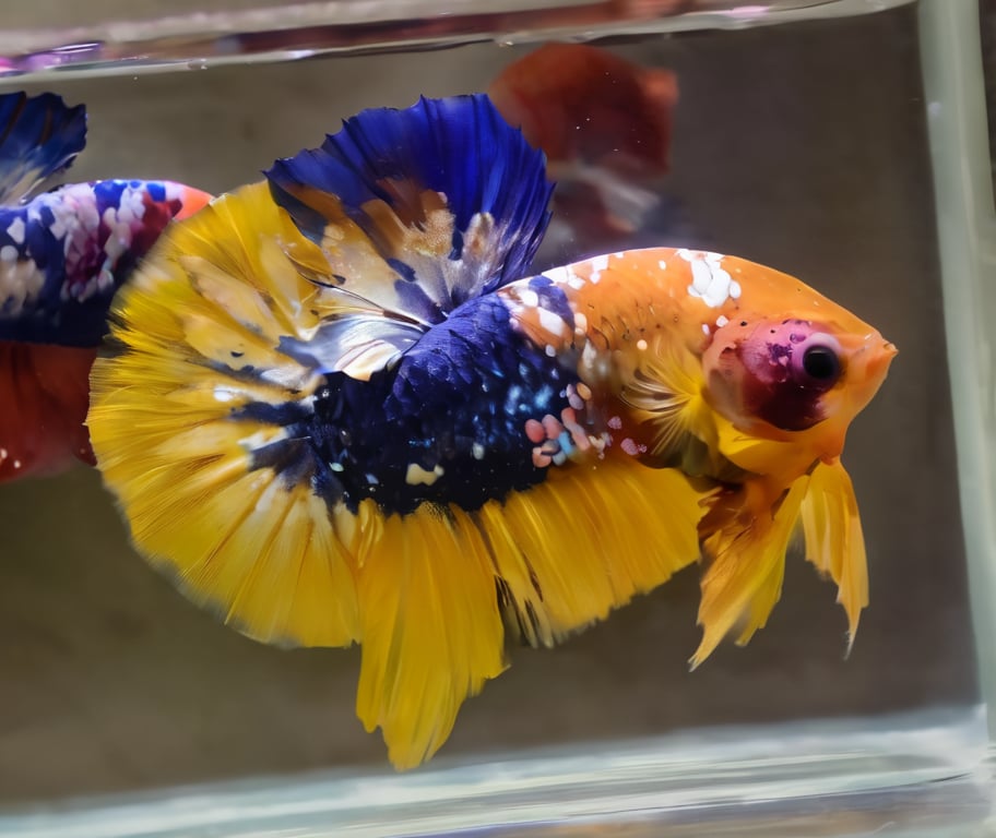 betta hmpk,realistic,animal focus, still life, multicolor, big tail,(best quality,realistic,high quality),, ultra realistic,32k,RAW photo,(high detailed skin:1.2), 8k uhd, dslr, high quality, film grain,water,betta fish,Fish scales are clear and balanced<lora:EMS-419056-EMS:1.000000>