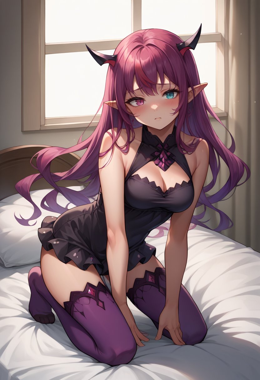 score_9, score_8_up, source_anime, 1girl, solo, IrysUnderwear, heterochromia, purple eye, blue eye, long hair, black dress, sleeveless dress, short dress, purple thighhighs, gradient legwear, medium breasts, seiza, kneeling, on bed, blush, <lora:CHAR-IrysPonyXL:1>