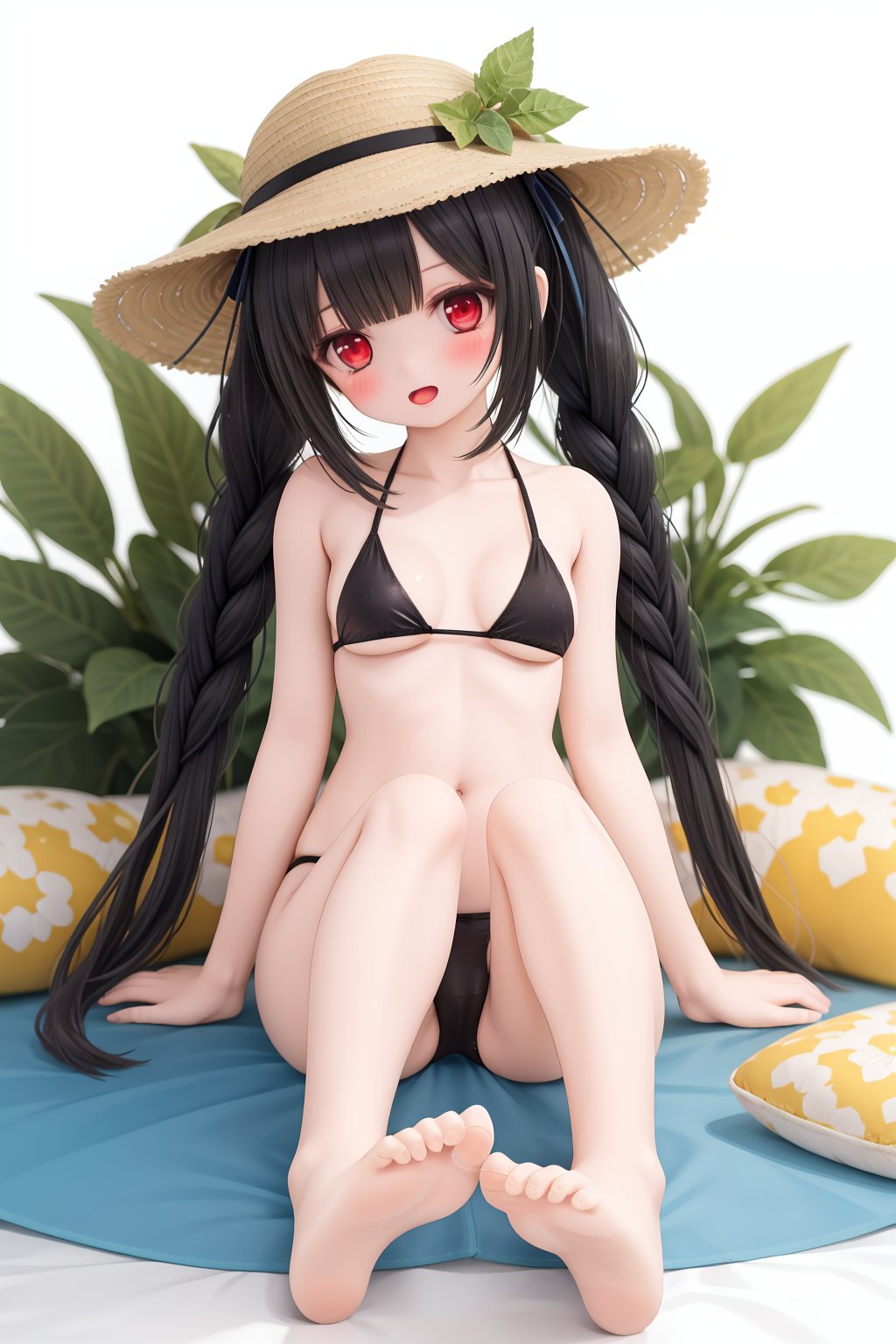 1girl, red eyes, hat, solo, swimsuit, halo, feet, toes, black hair, barefoot, miyu (blue archive), bikini, soles, braid, long hair, sitting, twin braids, Green leaves,white background, looking at viewer, straw hat, simple background, open mouth, white bikini, leaf, blush, bare legs, bangs, small breasts, twintails, full body