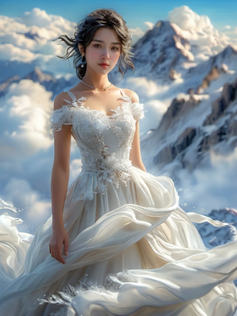 sdzs01,1girl,mountain,dress,solo,cloud,sky,white dress,black hair,realistic,looking at viewer,day,outdoors,snow,jewelry,blue sky,bare shoulders,brown hair,cloudy sky,scenery,<lora:sdzs-xl:0.8>,, masterpiece, best quality,