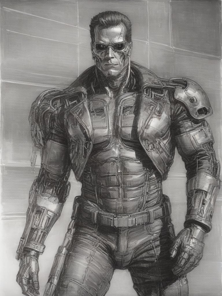 sketch, pencil art, a drawing of a terminator, <lora:pencil_art:0.85>, bw