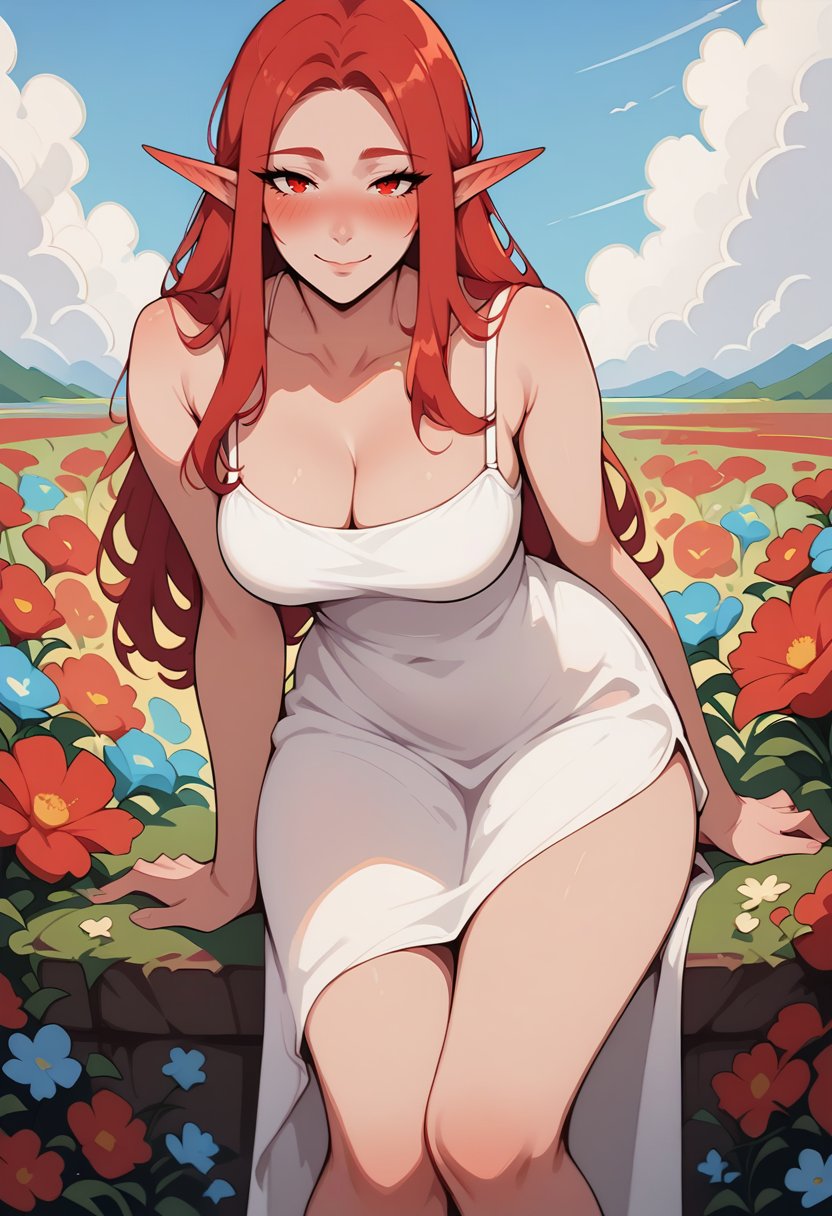 score_8_up, woman, red eyes, beautiful, white sundress, blush, thighs, flowers, cloud, elf, red hair, looking at viewer, seductive smile, leaning forward, sitting