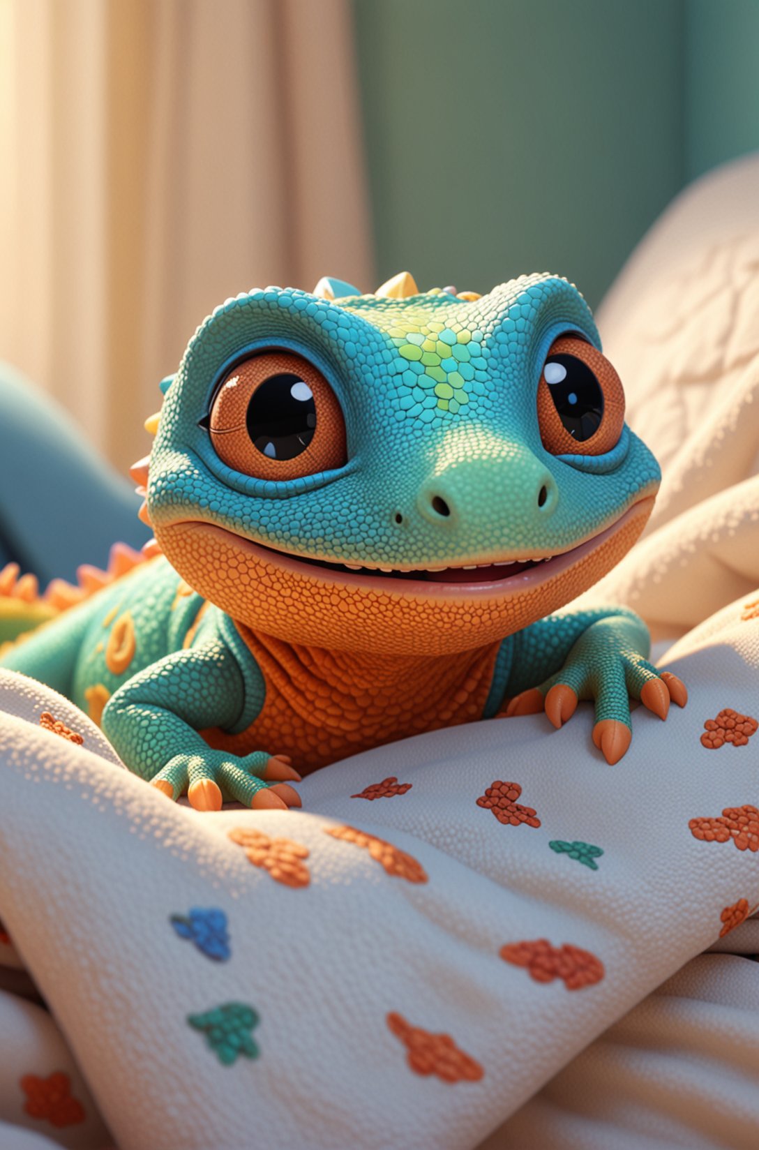 Cute cartoon style of a adorable little colourful lizard, snuggled, curled up, smiling, sleeping with a little blanket, tiny bedroom, on a bed under the blanket, ethereal, soft, detailed, iridescent scales, beautiful, cosy, cute, Pixar, snoozing, 3D render, UHD