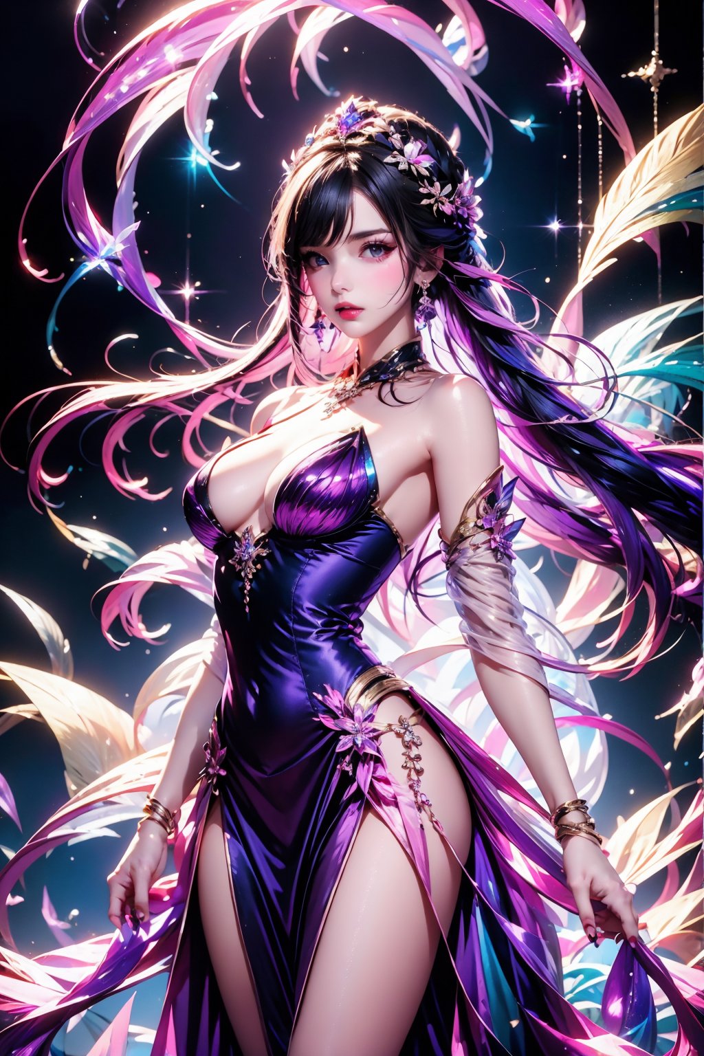 <lora:AgainRealistic_v2.0:1>,AgainRealistic_v2.0, 1girl, breasts, solo, long hair, jewelry, dress, earrings, bare shoulders, looking at viewer, parted lips, purple dress, purple eyes, detached sleeves, cleavage, braid, purple hair, large breasts, bracelet, black hair, cowboy shot, mole, lips, side slit, gem, multicolored hair, standing, hair ornament, very long hair, sparkle, see-through, red lips, pelvic curtain, floating hair, fingernails, glint, thighs, covered navel, nail polish, tiara, feathers, strapless, necklace, strapless dress, purple nails, medium breasts, makeup, glitter, eyelashes, petals, two-tone hair, colored inner hair, mole under eye, pink nails, pink gemstone