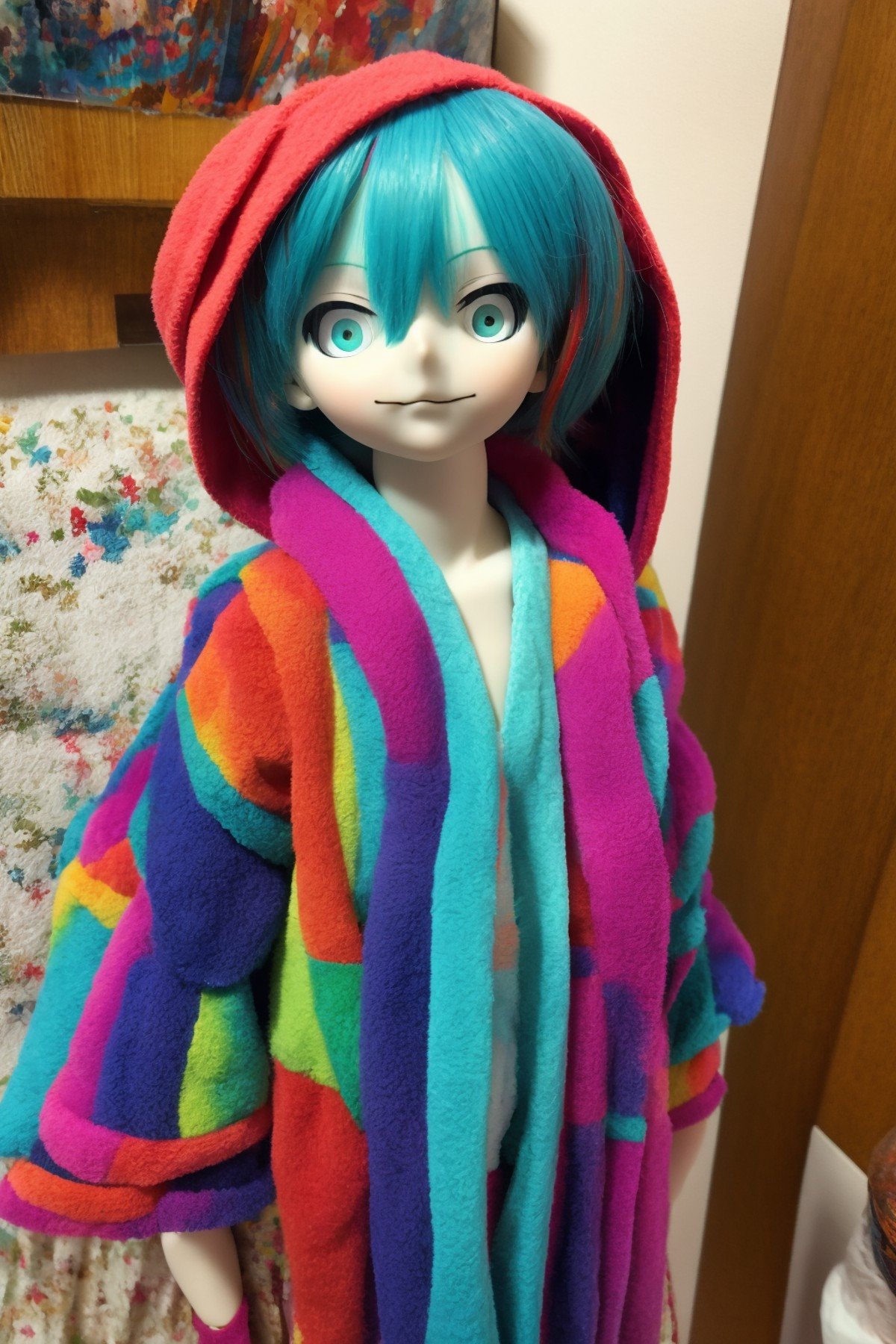 RAW photo, creepy miku doll wearing a colorful bathrobe, narupajin, <lora:narumiku-run8-e32:1>