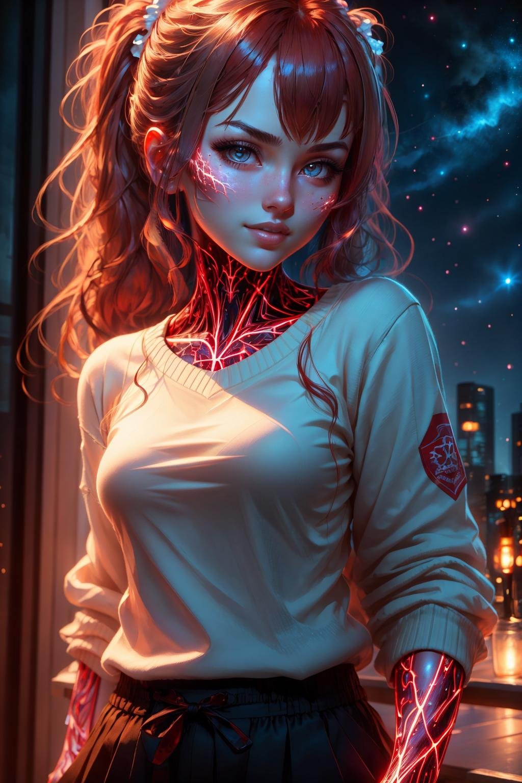 masterpiece, best quality,    <lora:glowingveins-nvwls-v1-000012:0.8> 1girl, glowingveins, red theme, glowing veins, red hair, twintails, smirk, fist up, red sweater, upper body, night sky, hand to hips, sleeves rolled up