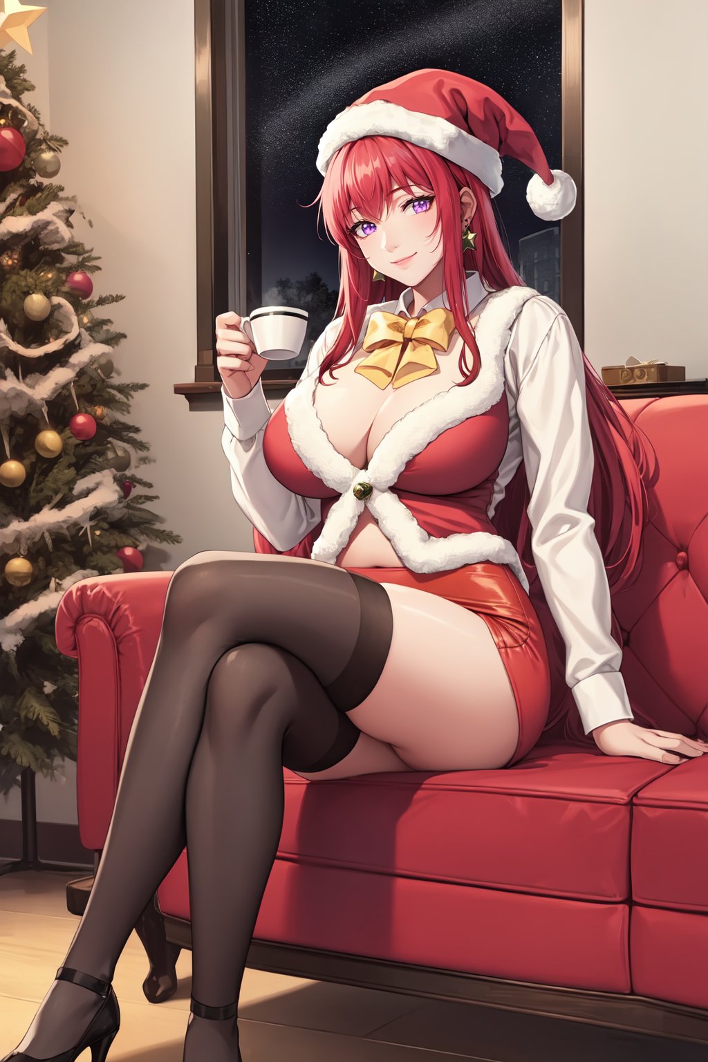 (high quality:1.2), intricate detailed, digital art,TakashiroHiroko, 1girl, mature female, solo, sitting on sofa, crossed legs, fireplace, christmas tree, holding cup, tea,looking at viewer, smile,purple eyes, long hair, red hair, earrings, jewelry,teacher, santa hat, bowtie, blouse, (pencil skirt:1.1), thighhighs, high heels,curvy, large breasts, living room, luxury room, window, winter, night, starry sky, <lora:TakashiroHirokoV2:0.9>