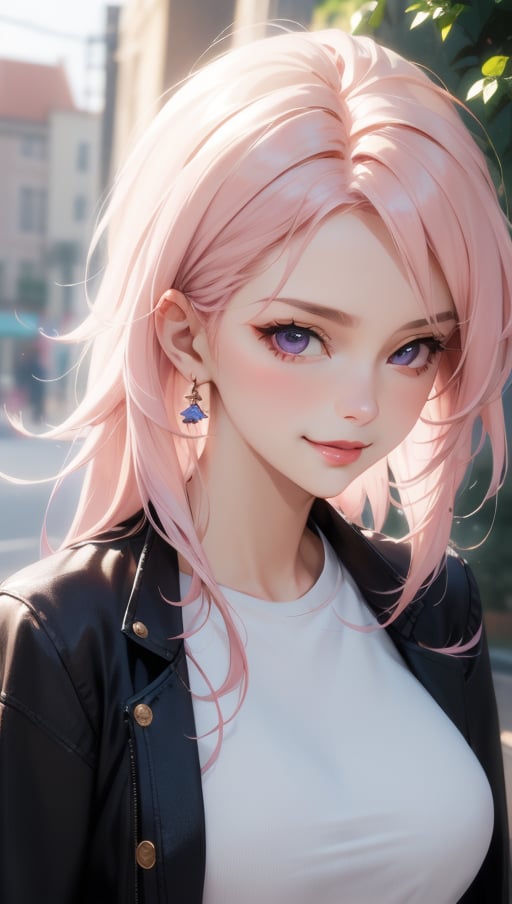 (masterpiece, best quality), intricate details, thin, ((slim)), beautiful girl, Light pink hair, white skin, light purple eyes, sharp jawline, cropped jacket, messy hair, lips, upper body, close up, smirk, suburban scenery