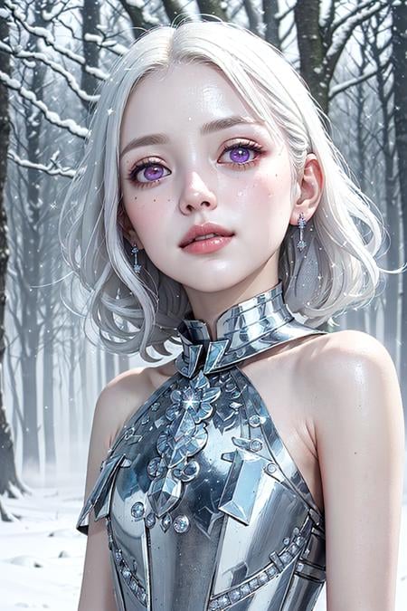 ((form-fitting, gleaming white, platinum breastplate covered in sparkling diamonds:2)) ((smooth flawless pale blushed skin:1.3)) ((magical head and shoulders 1/2 profile portrait, head-tilt-curious)) (Dark Fantasy Aesthetic portrait:1.2), (Glamour, elfin, elegant:1.3) ((white hair, curls, luminous, pulled back over ear with a jeweled silver barrette:1.4))  bust photo of a 20yo, (gorgeous, innocent, painfully beautiful, blushing, sweetness, in love:1.2)  ((wearing a silver platinum metal collar covered in hundreds of tiny diamonds and rubies, in an amazing geometric pattern, inticate details, light sparkling, glittering:1.5)) vivacious, enigmatic, ethereal, (albino:1.3) (nymph:1.3), (albinism:1.4), ((High broad forehead:1.5)) ((Clean, Straight Eyebrows)) ((((oddly unusual, Wide-Set enormous purple Eyes))))) ((Tiny cute button nose upturned)), ((small thin, gentle red lipgloss Lips))   windswept (stylish short white hair:1.3) (piercing, flashing, Red eyes, purple eyes:1.3), (looking at viewer), ( Cheeky Smile:1.3), (mischievous Expression:1.2) (flawless skin:1.3), (shiny skin), diaphanous white dress, (snow covered Woodland, foggy:1.4), (half-obscured:1.3), (Close up:1.2), Dutch Angle), (dynamic composition:1.2), (shallow depth of field:1.2), (dappled sunlight:1.2), vibrant, saturation, ((realistic-ultra-HD-details)) ((golden ratio, rule-of-thirds masterful-composition)) ((head down, looking up)) ((slender shoulders))((detailed amazing hyper_detailed, absurdres, photo, masterpiece))((8k award winning, best quality)) [chibi]RAW photo, subject, 8k uhd, soft lighting, high quality, film grain, Fujifilm XT3<lora:leco_pale_skin_last:-1.6> ((pale skin, white skin))