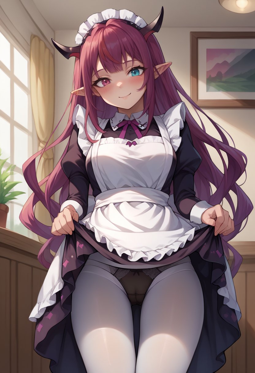 score_9, score_8_up, source_anime, 1girl, solo, IrysHolo, horns, heterochromia, purple eye, blue eye, long hair, apron, enmaided, frills, maid, dress lift, white pantyhose, black panties, panties under pantyhose, blush, smile, indoors, <lora:CHAR-IrysPonyXL:1>