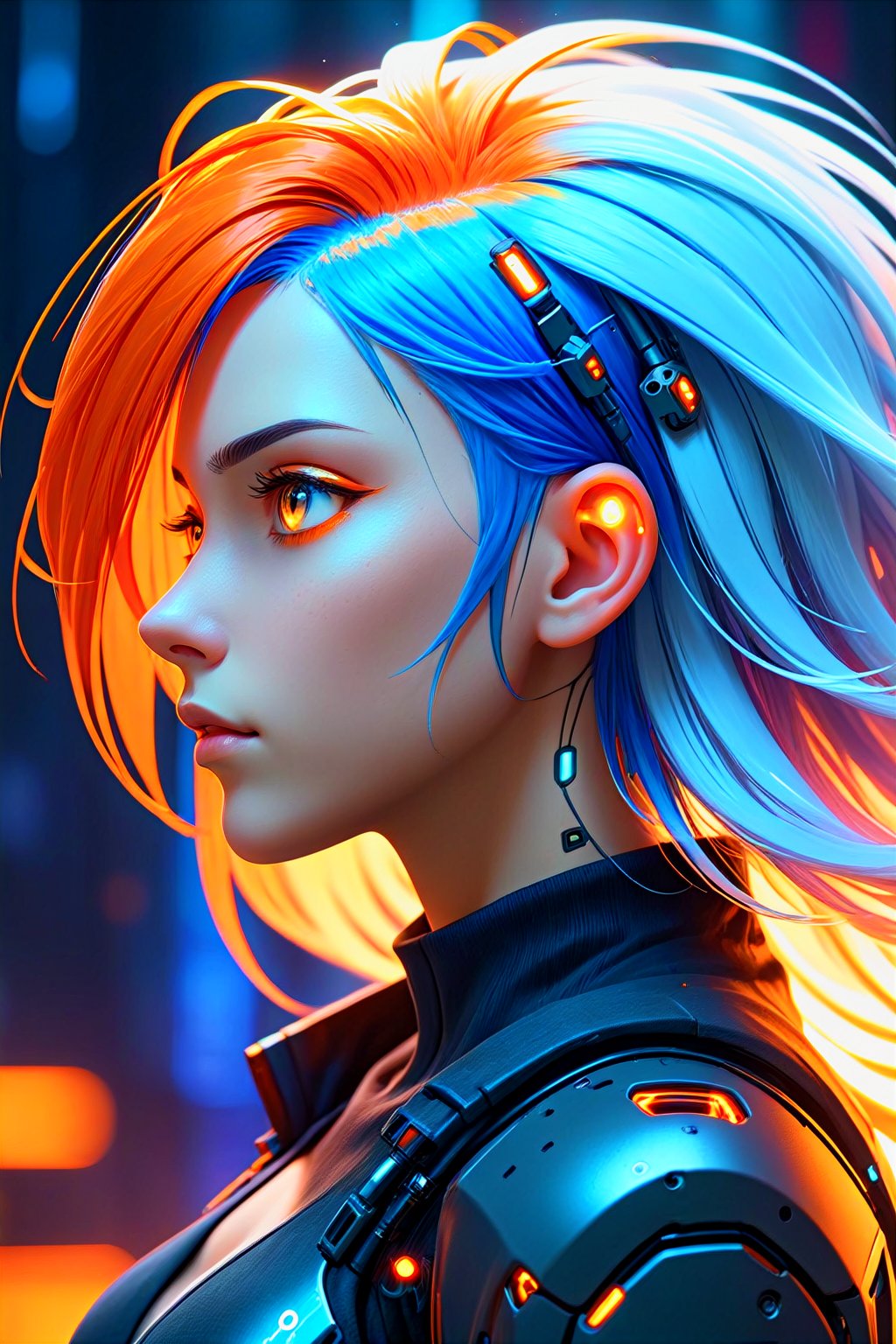 white hair, blue hair, orange hair, gradient hair, orange eyes, profile picture, cyberpunk background, robotic, hair flowing over, volumetric lighting, light particles, sparkling eyes, dystopian, colorful