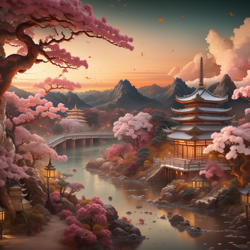 (best quality), (masterpiece), (ultra-detailed), 8k wallpaper, best illustration, (extremely detailed CG unity 8k wallpaper), huge filesize,east asian architecture, architecture, scenery, no humans, tree, mountain, outdoors, cherry blossoms, sky, pagoda, bridge, bird, autumn leaves, leaf, rock, river, building, water, sunset<lora:landscape-000020:0.9>