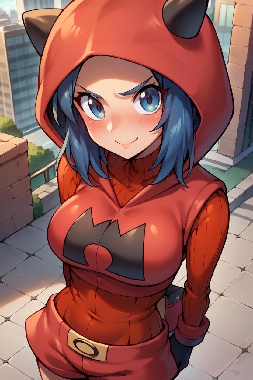 score_9, score_8_up, score_7_up, score_6_up, source_anime BREAK 1girl, <lora:pkmntmg-pdxl-nvwls-v1-000005:1> pkmntmg, hood, blue hair, fake horns, red hoodie, turtleneck, ribbed sweater, red shorts, gloves, light smile, blush, from above, arms behind back, city