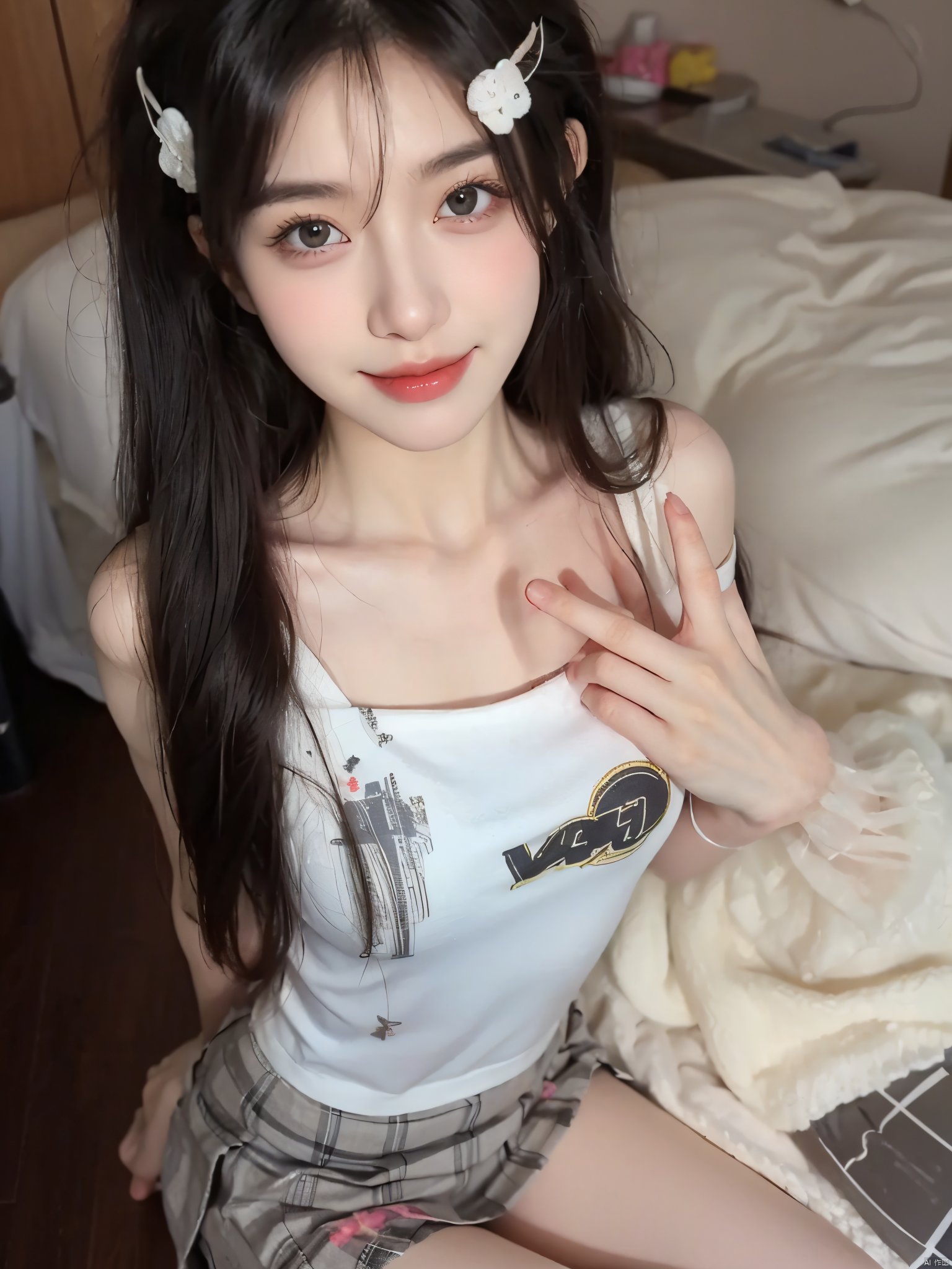 1girl, solo, long hair, looking at viewer, smile, skirt, shirt, black hair, sitting, school uniform, white shirt, short sleeves, socks, black eyes, head tilt, plaid, kneehighs, cosplay, plaid skirt, ground vehicle, black socks, hand on own face, realistic, hand on own cheek,JK_style<lora:EMS-15286-EMS:0.800000>, <lora:EMS-14530-EMS:1.000000>