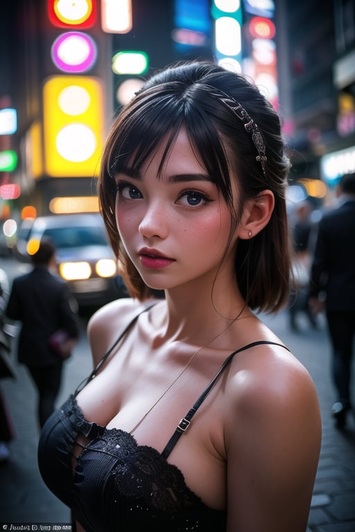 Tilt-shift photo of <lora:GirlfriendMix2:1>1girl, Tokyo street,night, cityscape,city lights, upper body,close-up, 8k, RAW photo, best quality, masterpiece,realistic, photo-realistic,red rose, . Selective focus, miniature effect, blurred background, highly detailed, vibrant, perspective control