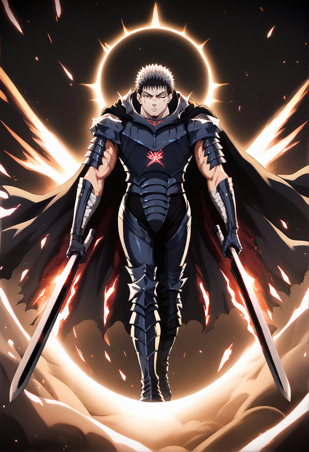 score_9, score_8_up, score_7_up, guts (berserk), looking at viewer, full body, Guts_Armor, brown eyes, short hair, multicolored hair, spiked hair, black armor, shoulder armor, gauntlets, greaves, bandaged arm, black cape, torn cape, scar on nose, one eye closed, muscular male, sword, holding sword, black background, light particles, dust, abstract background, sunlight, glowing, (contrast), dark light, (dark composition:1.1), night, anime screencap, <lora:GutsPdxlDwnsty:0.85>