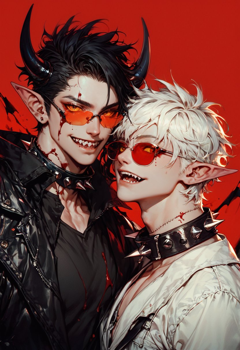 score_9,score_8_up,score_7_up, zPDXL, looking at viewer, smile, short hair, open mouth, simple background, shirt, black hair, white hair, jewelry, upper body, male focus, multiple boys, horns, glasses, pointy ears, 2boys, collar, blood, sunglasses, sharp teeth, red background, spikes, colored sclera, stitches, tinted eyewear, spiked collar, yellow sclera, red-tinted eyewear<lora:GN_v1.4:0.9>