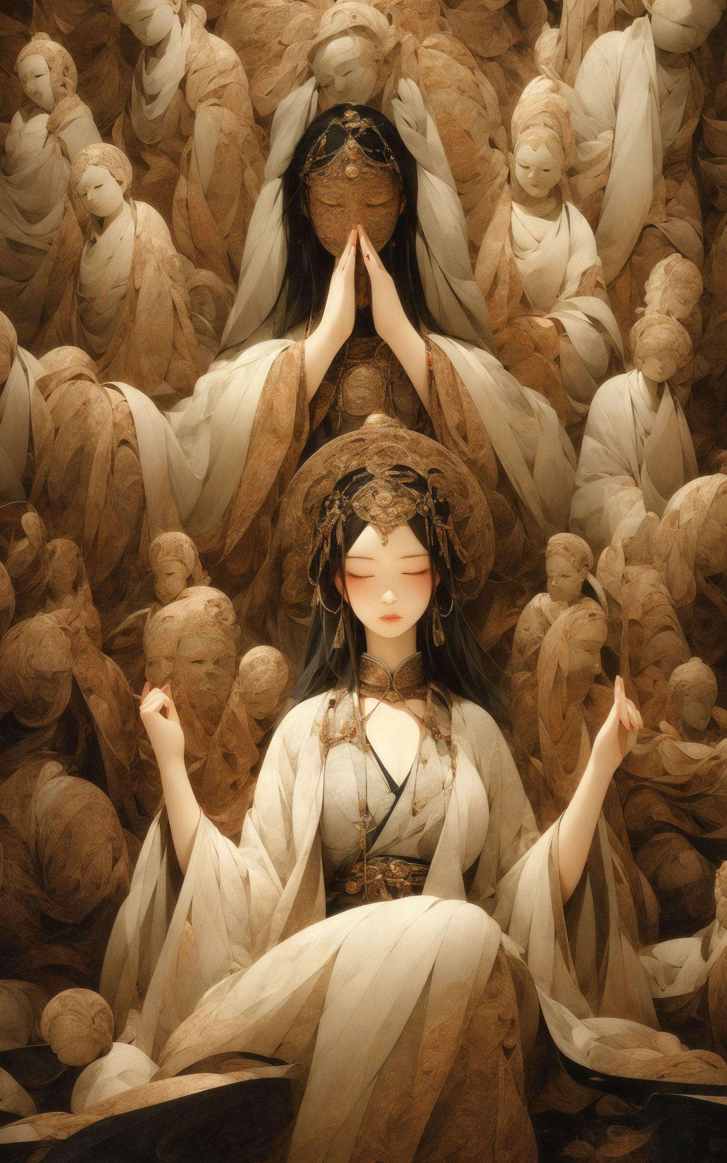 a woman meditating in front of lots of masks, in the style of zhang jingna, photomontage, hirohiko araki, oriental, sergio toppi, theatrical, poster art， <lora:绪儿已成精-佛:0.8>