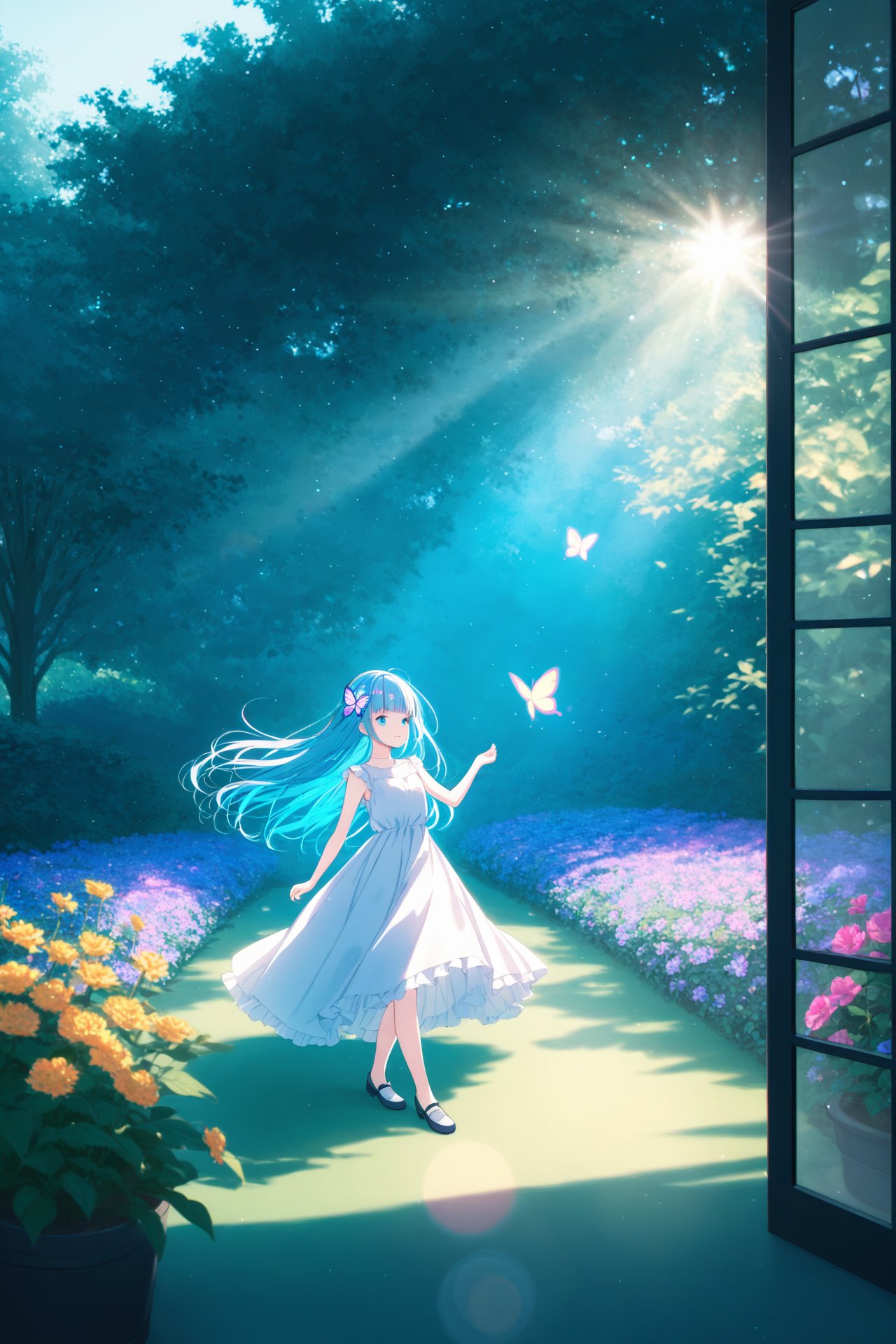 masterpiece,best quality,high quality,(colorful),1girl,loli,wide shot,(depth of field),global illumination,soft shadows,backlight,lens flare,((colorful refraction)),((cinematic lighting),looking outside,with butterfly,1girl with lightblue long hair and blue aqua eyes,hair flowers,hime cut,sunlight,blurry background,blurry,garden,White Dress,