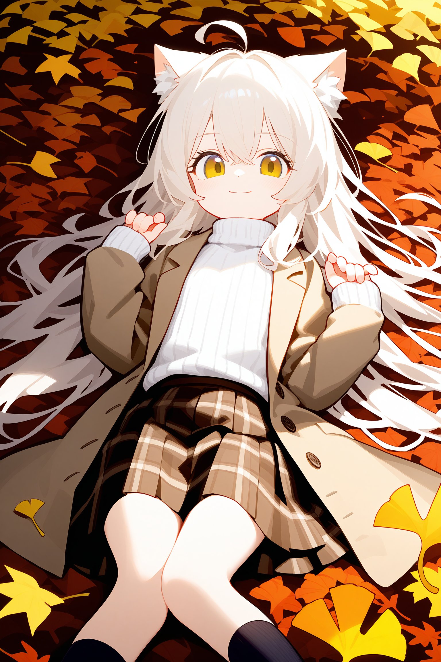 1girl,solo,animal ears,skirt,tail,open clothes,plaid,sleeves past wrists,cat tail,plaid skirt,closed mouth,white hair,black socks,open jacket,socks,cat ears,jacket,smile,ginkgo leaf,feet out of frame,brown jacket,long hair,long sleeves,on back,lying,yellow eyes,autumn leaves,very long hair,looking at viewer,ahoge,animal ear fluff,cat girl,white sweater,hair between eyes,pleated skirt,turtleneck,sweater,black skirt,turtleneck sweater,hands up,leaf,puffy sleeves,kneehighs,puffy long sleeves,white shirt,brown skirt,blush,antenna hair,outdoors,shirt,brown coat,knees together feet apart,pinching sleeves,brown eyes,day,autumn,maple leaf,ribbed sweater,