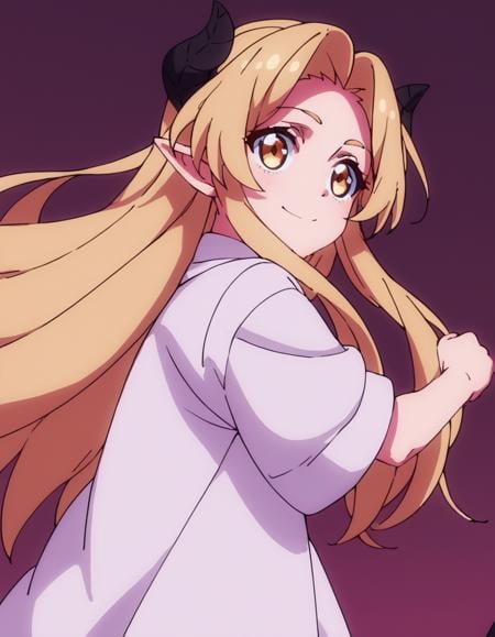 score_9, score_8_up, score_7_up, score_6_up, score_5_up, score_4_up, source_anime, , Yulia, long hair, blonde hair, yellow eyes, demon girl, demon horns, pointy ears,  soft smile, action pose