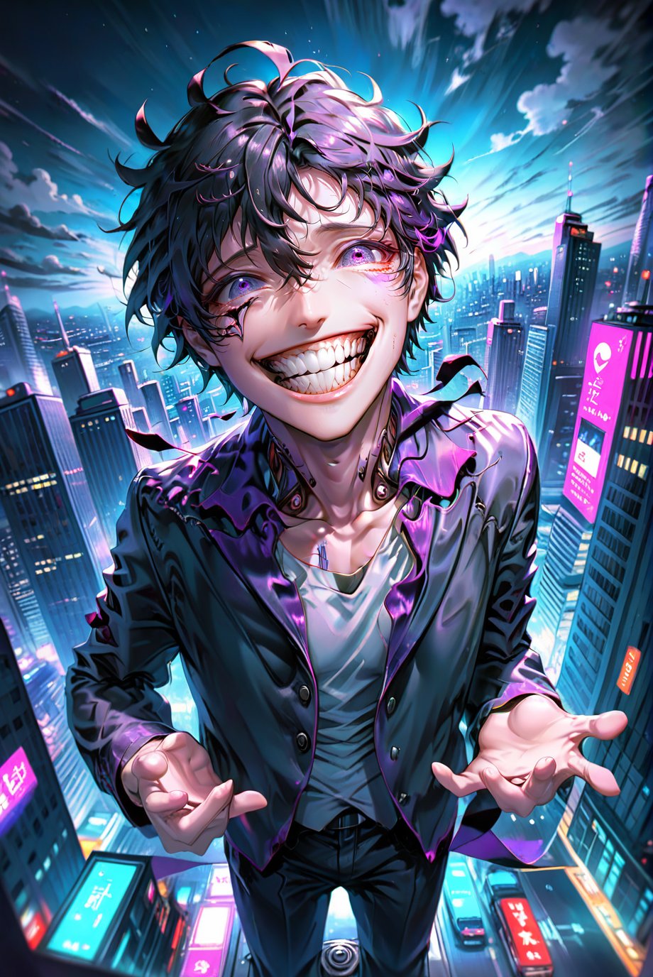 hiro crazy dimension, 1 man, crazy face, smile, creepy, dark theme, night city view, sky scraper <lora:LoraSDXL-Hiro Crazy Dimension 23 3 2024:1>