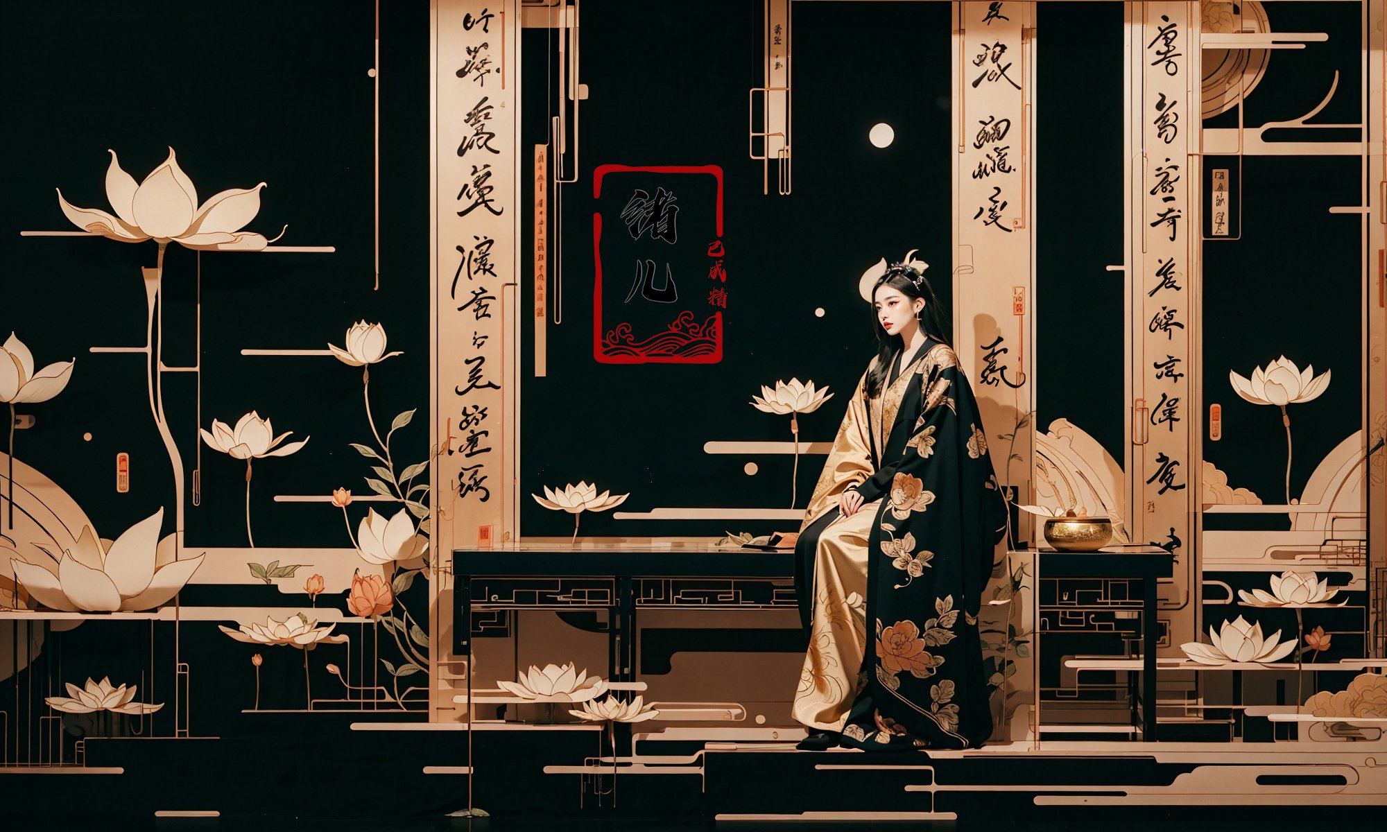 illustrations,guochao，black background，Calligraphy, Golden line，<lora:guochao_20231107061426:0.8>